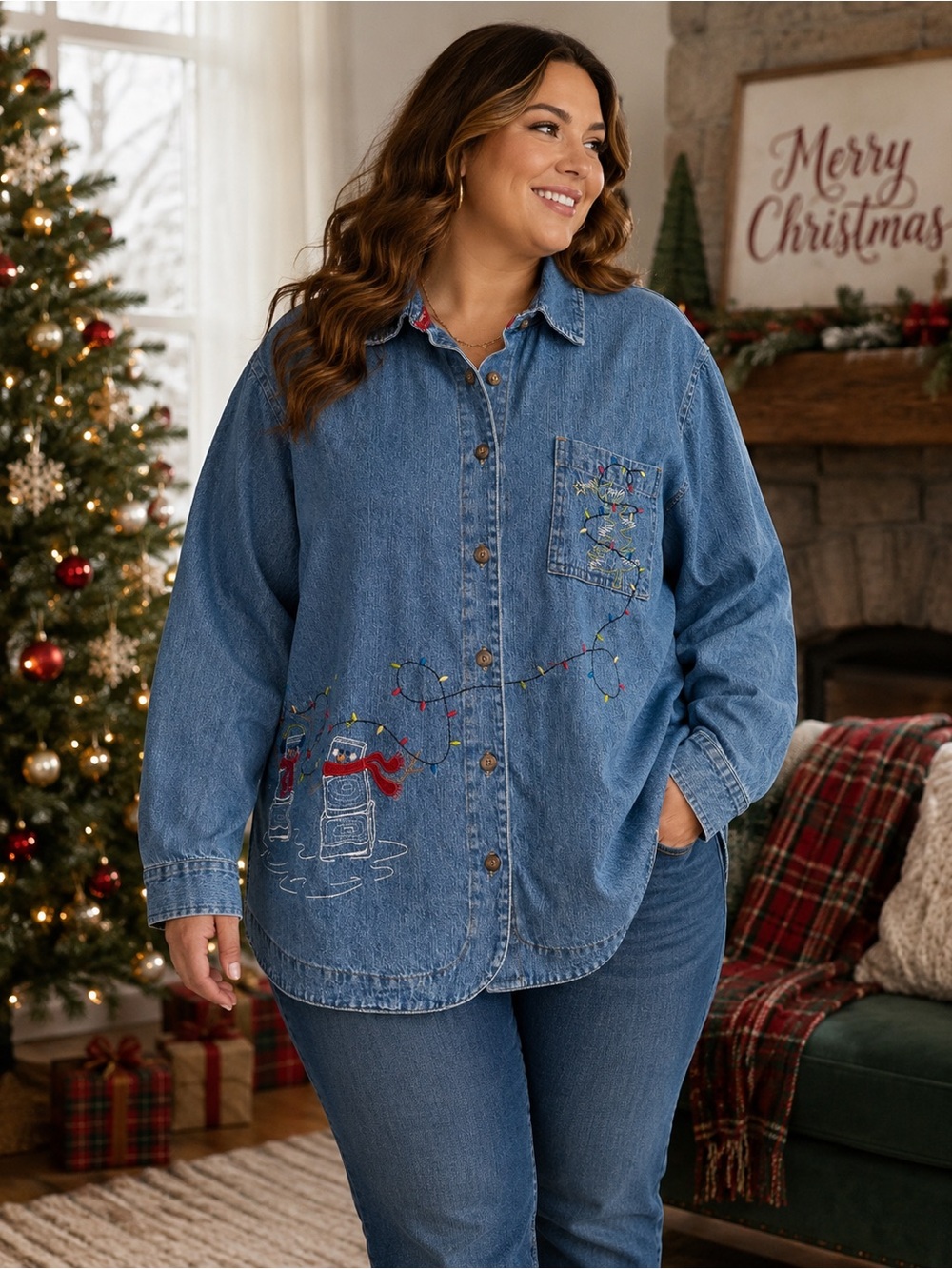CJ Banks Christmas Snowman Embroidered Denim Button Up Shirt Jacket 2X Holiday